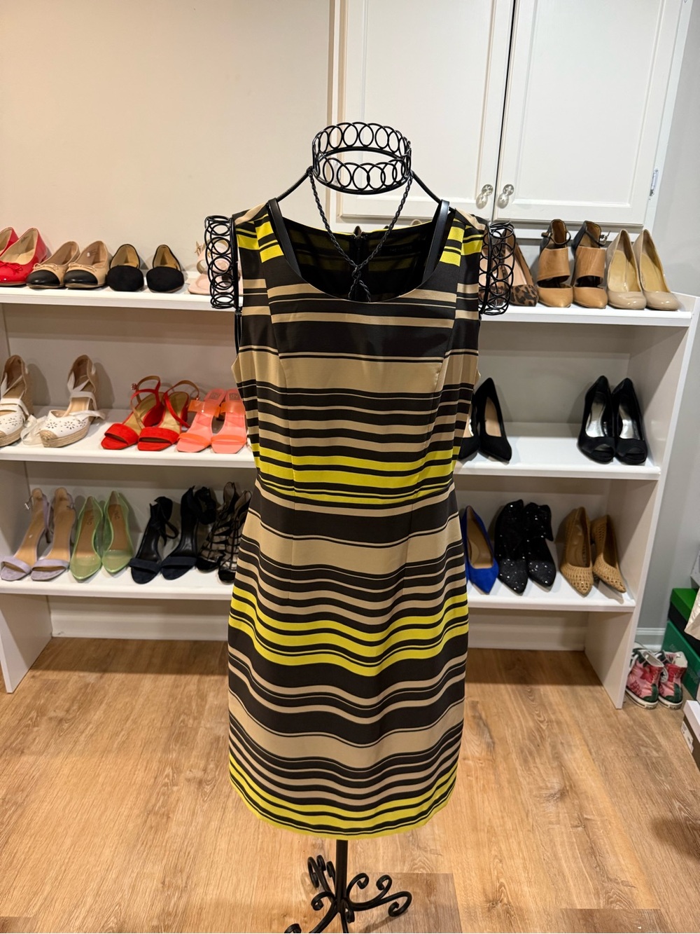 The Limited Striped Sleeveless Sheath Dress in Yellow, Black & Tan